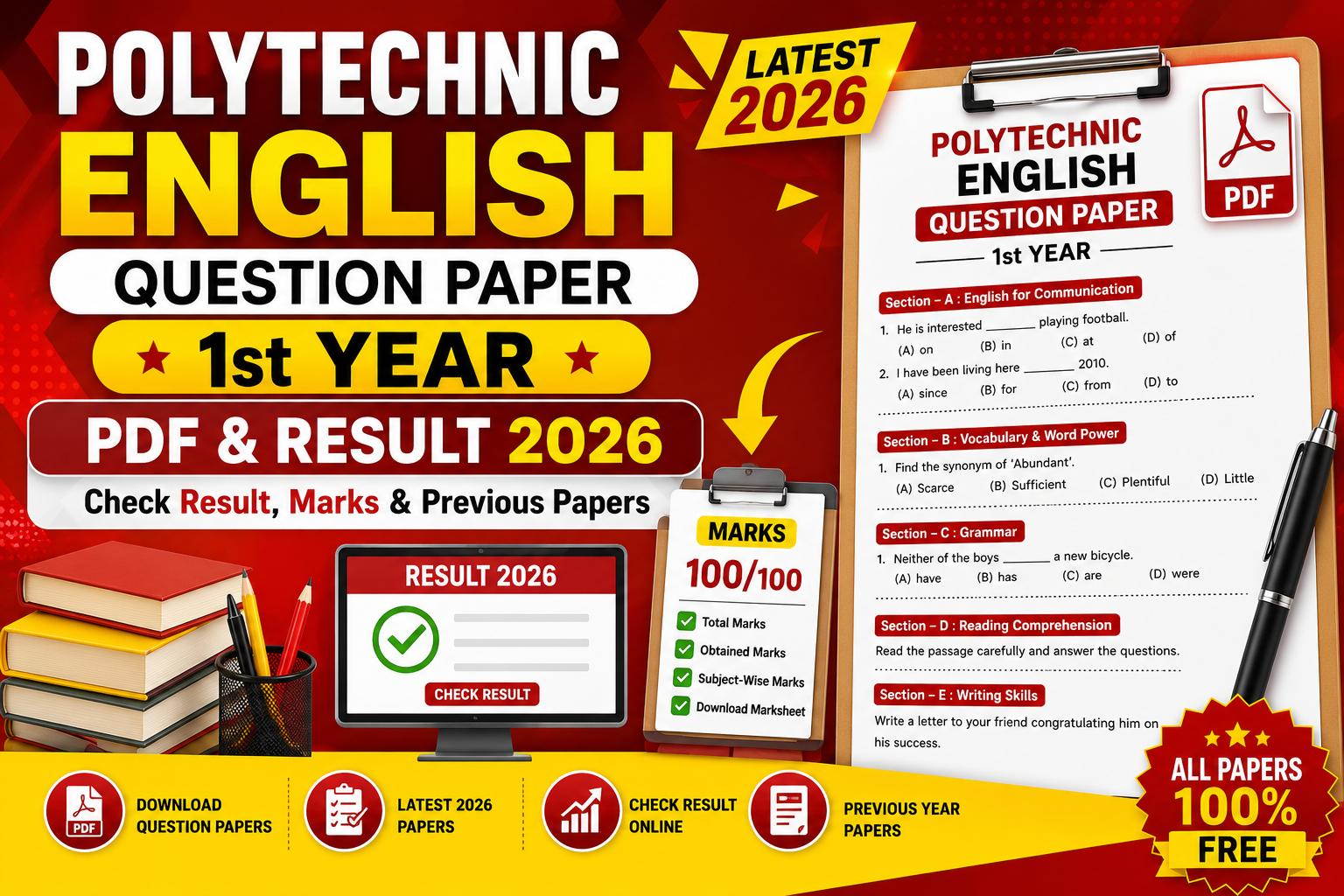 Polytechnic English Question Paper 1st Year PDF & Result 2026 – Check Result, Marks & Previous Papers