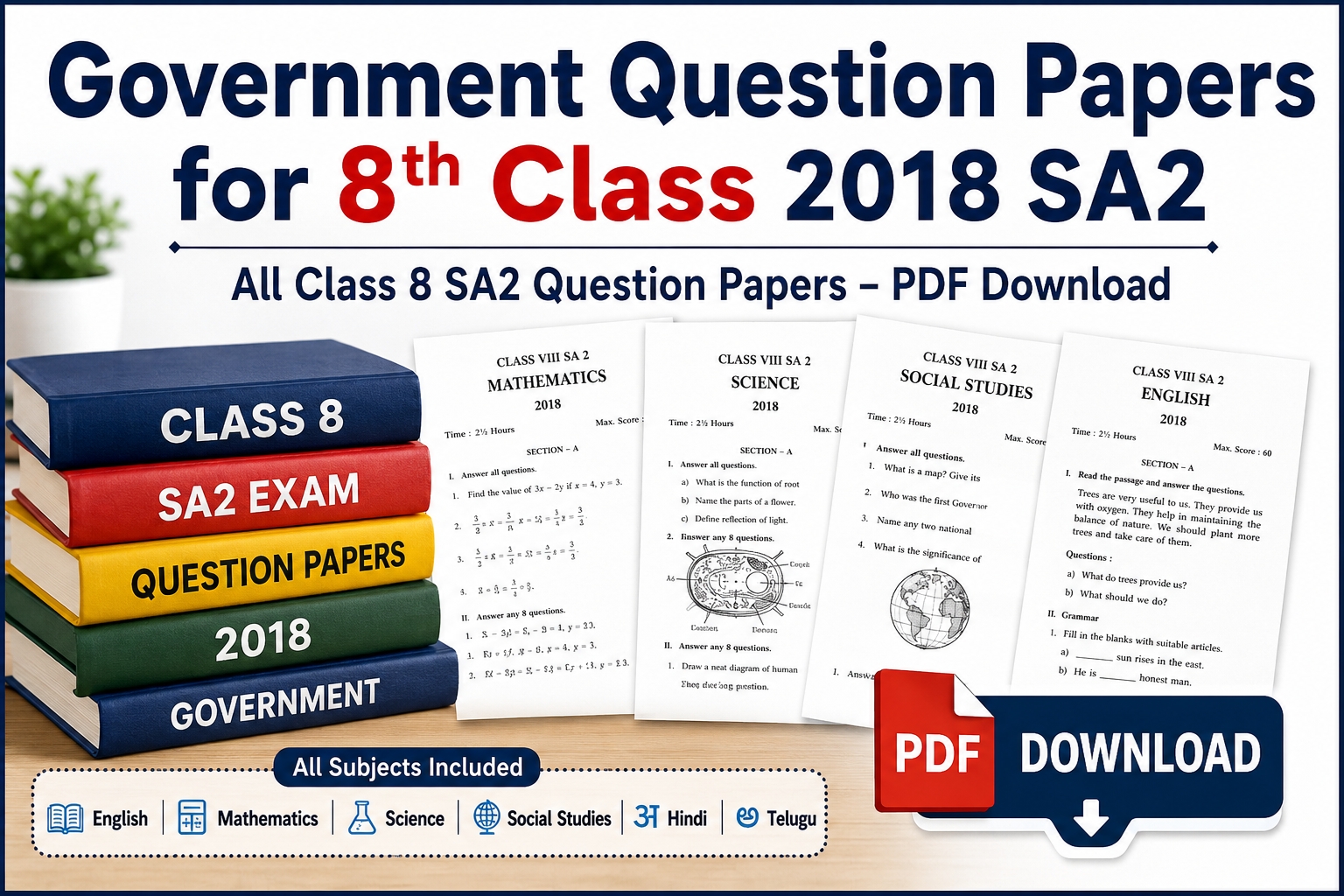 Government Question Papers for 8th Class 2018 SA2 all class 8 SA2 Question paper pdf download